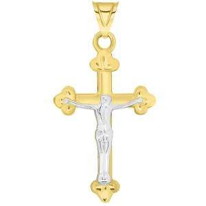 14k Solid Yellow Gold Christian Trefoil Cross Two Tone Crucifix Pendant Necklace Available with Figaro Chain