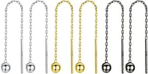 3 Pairs Threader Earring Set Silver Gold Black Pull Through Earrings for Women Dangle Chain Earrings Needle And Thread Wrap Dangling String Earrings for Double Piercing