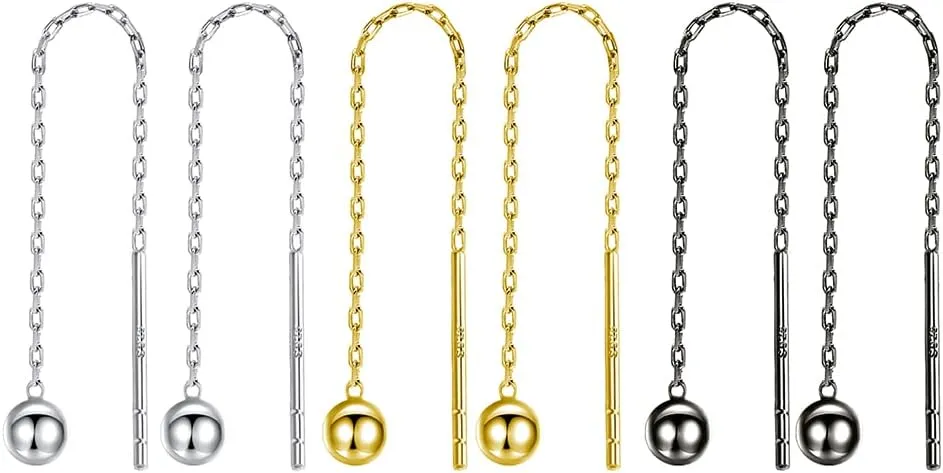 3 Pairs Threader Earring Set Silver Gold Black Pull Through Earrings for Women Dangle Chain Earrings Needle And Thread Wrap Dangling String Earrings for Double Piercing