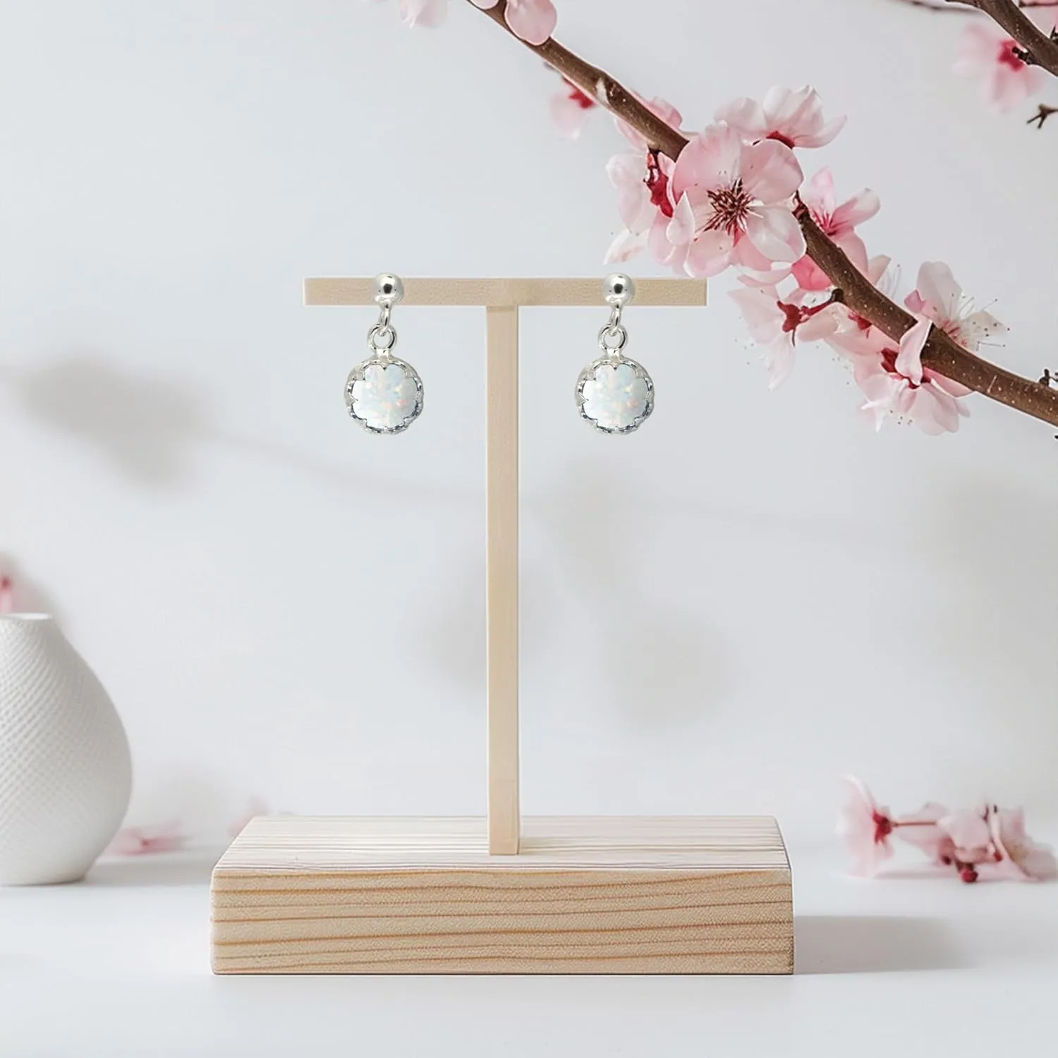 925 Sterling Silver White Opal Earrings for Women - October Birthstone - Earrings Silver Dangle Post Earrings - Silver Drop Earrings for Women - Everyday Earrings - Minimalist Jewelry for Women