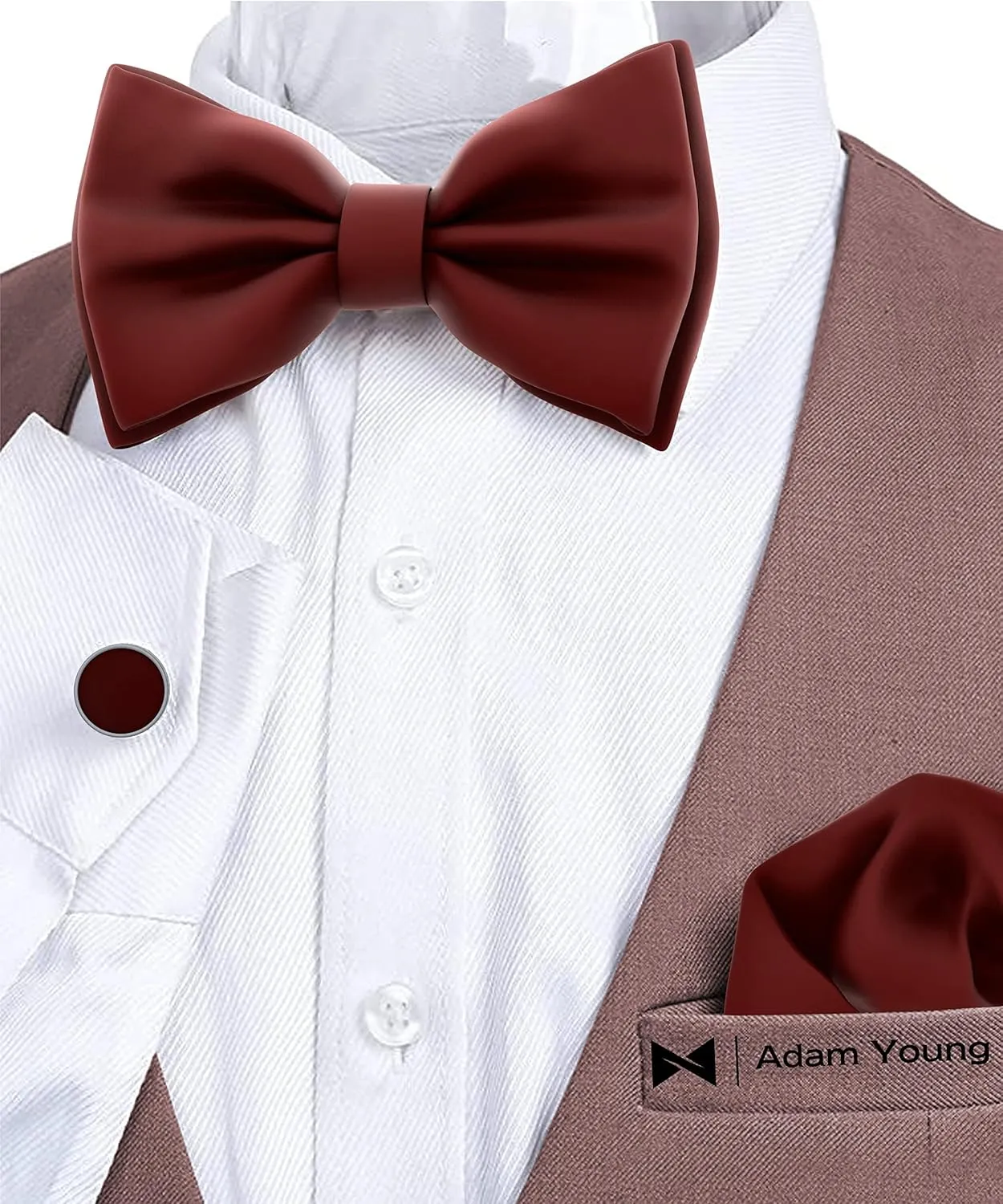 Adam Young Men's Bow Ties with Handkerchief & Cufflinks Pre-Tied Style Formal Satin Classic Bowtie for Tuxedo Faux Silk