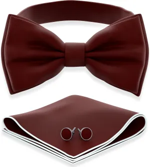Adam Young Men's Bow Ties with Handkerchief & Cufflinks Pre-Tied Style Formal Satin Classic Bowtie for Tuxedo Faux Silk