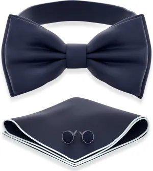 Adam Young Men's Bow Ties with Handkerchief & Cufflinks Pre-Tied Style Formal Satin Classic Bowtie for Tuxedo Faux Silk