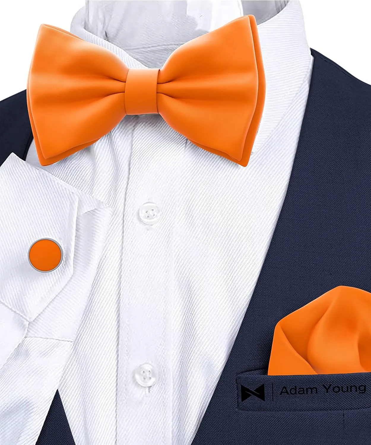 Adam Young Men's Bow Ties with Handkerchief & Cufflinks Pre-Tied Style Formal Satin Classic Bowtie for Tuxedo Faux Silk