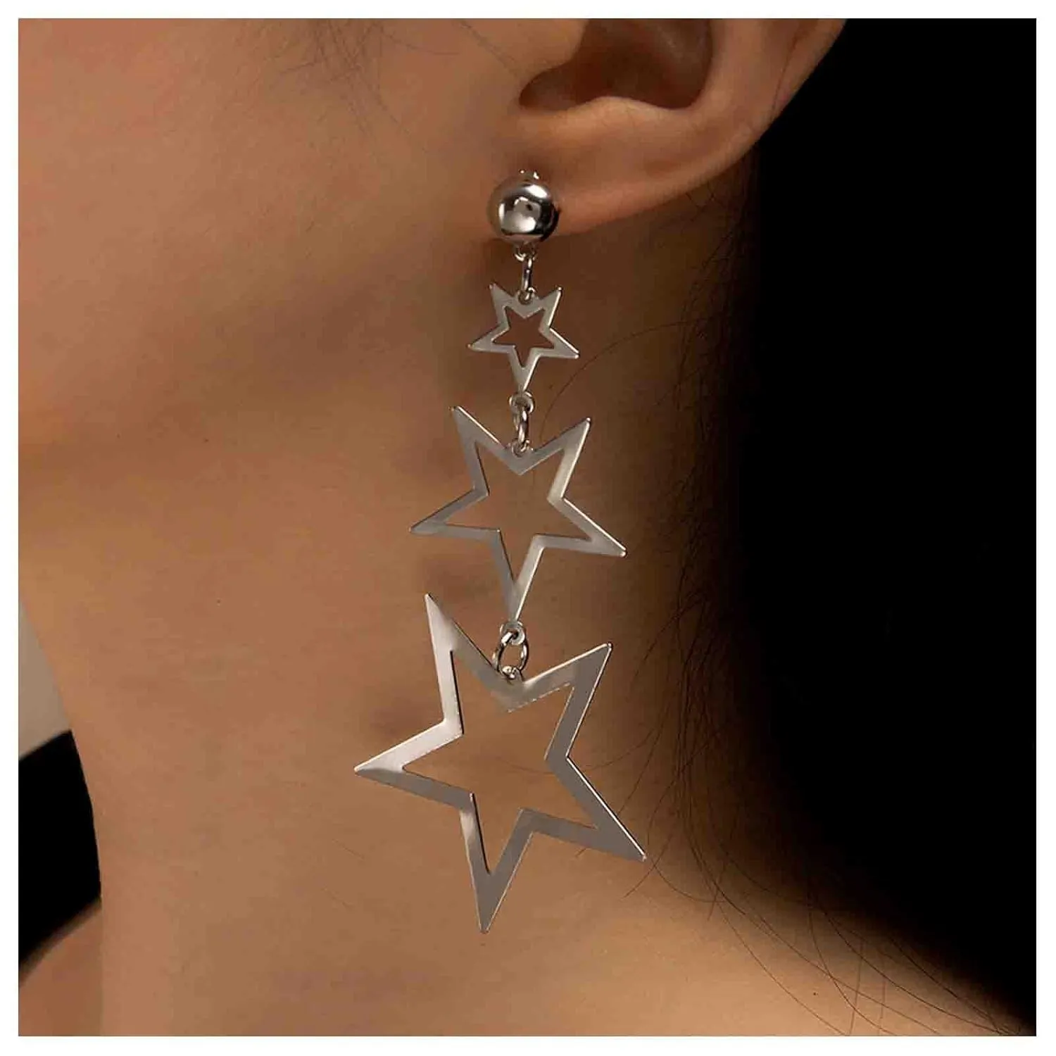 Bohemian Star Dangle Earrings Star Drop Earring Hollow Stars Dangling Earring Long Triple Stars Stud Earrings Jewelry for Women(Silver)