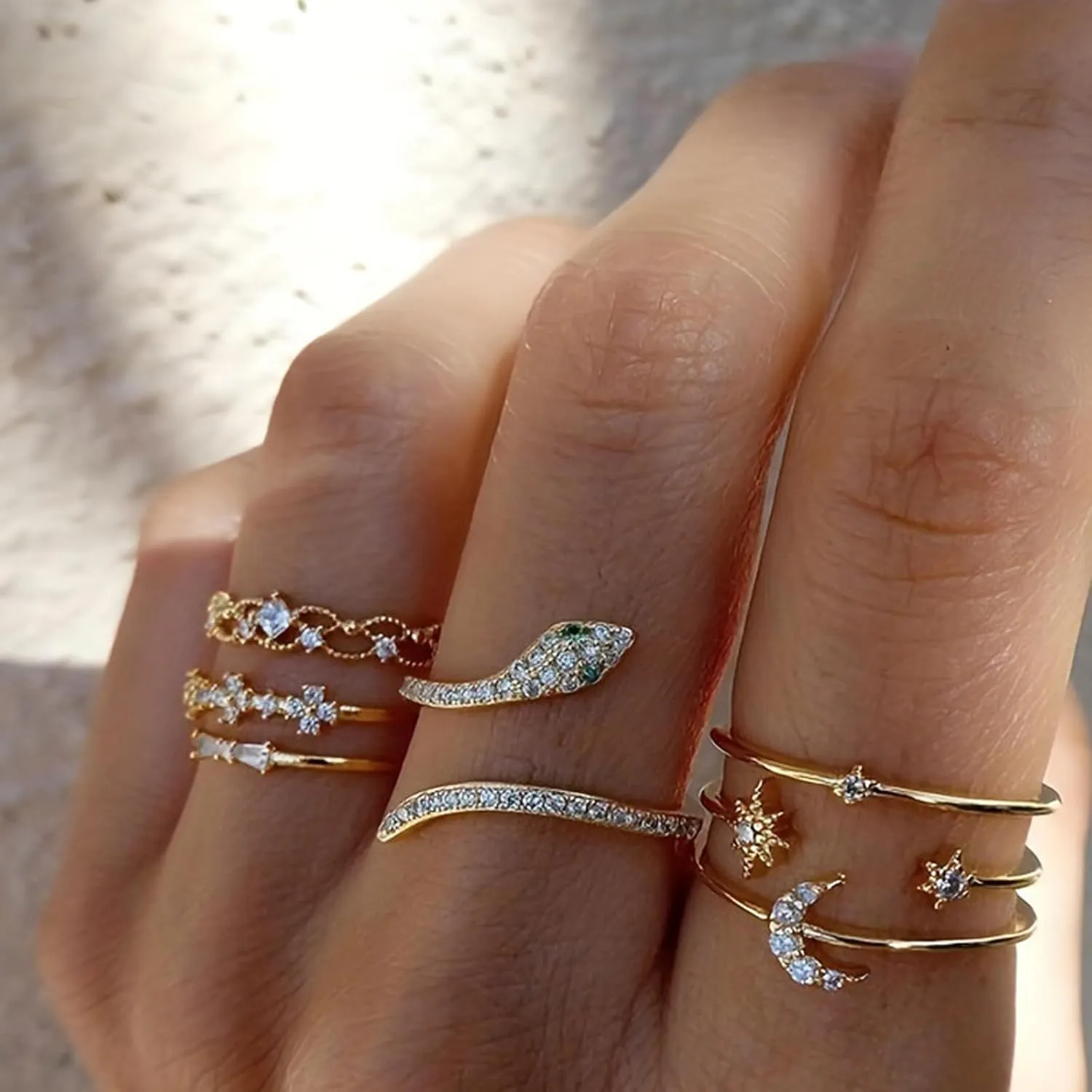 Boho Gold Stackable Ring Sets for Teen Girls,Retro Rhinestone Snake Moon Star Finger Rings Set,Knuckle Rings Trendy Stuff for Women Gold Silver Rings Set