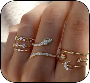 Boho Gold Stackable Ring Sets for Teen Girls,Retro Rhinestone Snake Moon Star Finger Rings Set,Knuckle Rings Trendy Stuff for Women Gold Silver Rings Set