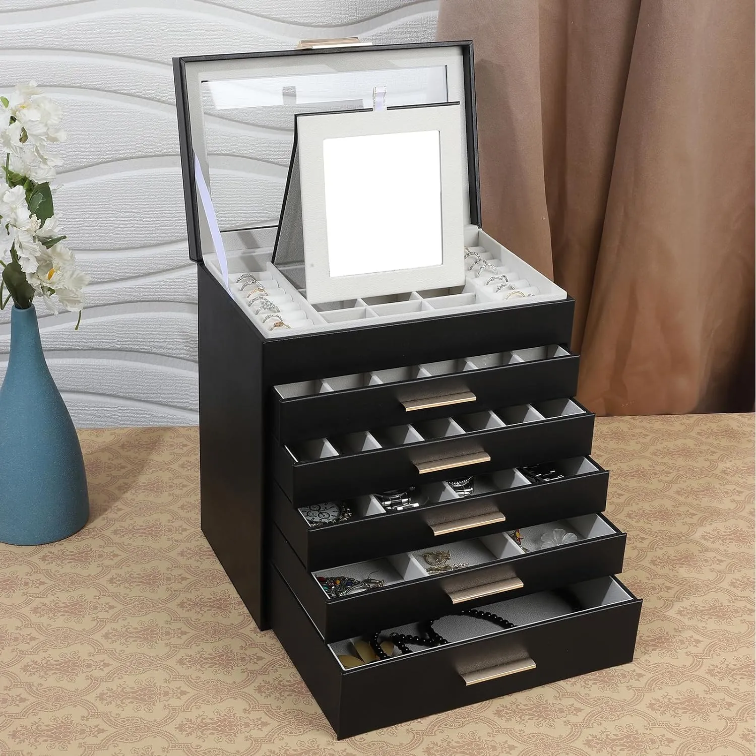 BOOVO Jewelry Box for Women, Black 6 Layer Large Jewelry Organizer with Glass Lid for Necklace, Bracelet, Earrings, Rings Storage, Jewelry Organizers and Storage for Girls Gift (Clear Black, 6 layer)