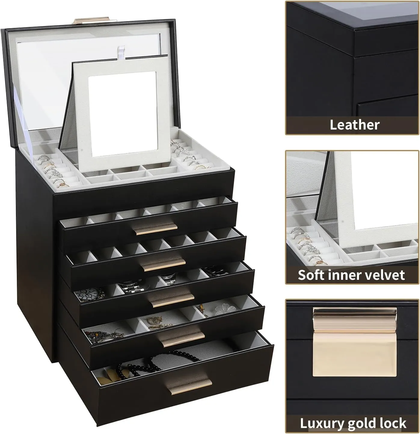 BOOVO Jewelry Box for Women, Black 6 Layer Large Jewelry Organizer with Glass Lid for Necklace, Bracelet, Earrings, Rings Storage, Jewelry Organizers and Storage for Girls Gift (Clear Black, 6 layer)