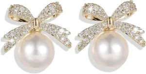 Bow Pearl Earrings for Women, Valentines Day Gifts Trendy Ribbon Earring Gift Ideas Wife Girlfriend Valentine Birthday Wedding Christmas Jewelry