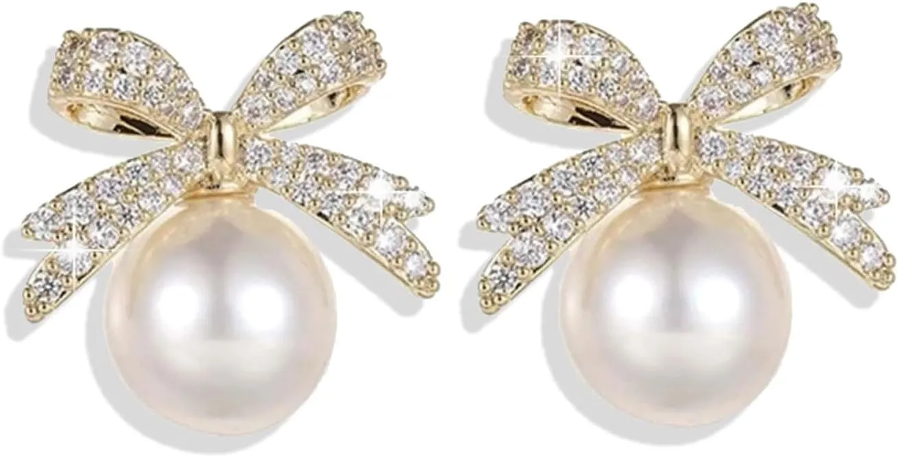 Bow Pearl Earrings for Women, Valentines Day Gifts Trendy Ribbon Earring Gift Ideas Wife Girlfriend Valentine Birthday Wedding Christmas Jewelry
