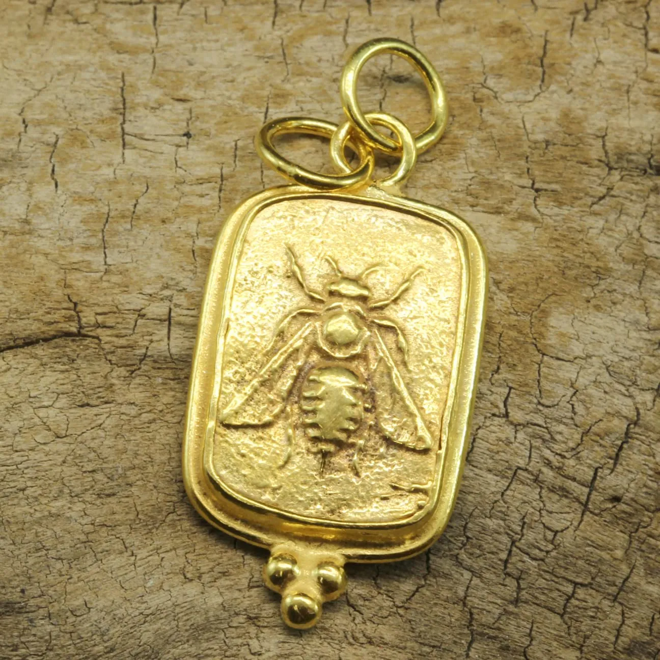 Caprixus 925 Sterling Silver Pendant Ancient Ephesus Honey Bee Coin 24K Yellow Gold Vermeil Handmade Granulated Designer Greek Art Artisan Turkish Fine Jewelry