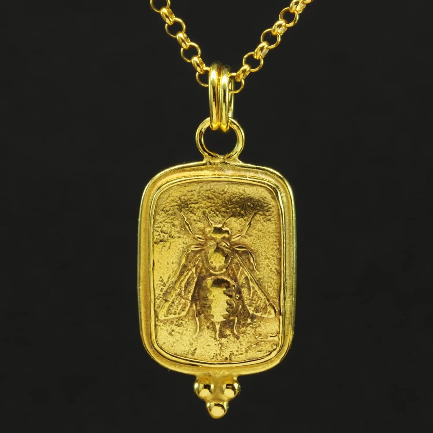 Caprixus 925 Sterling Silver Pendant Ancient Ephesus Honey Bee Coin 24K Yellow Gold Vermeil Handmade Granulated Designer Greek Art Artisan Turkish Fine Jewelry