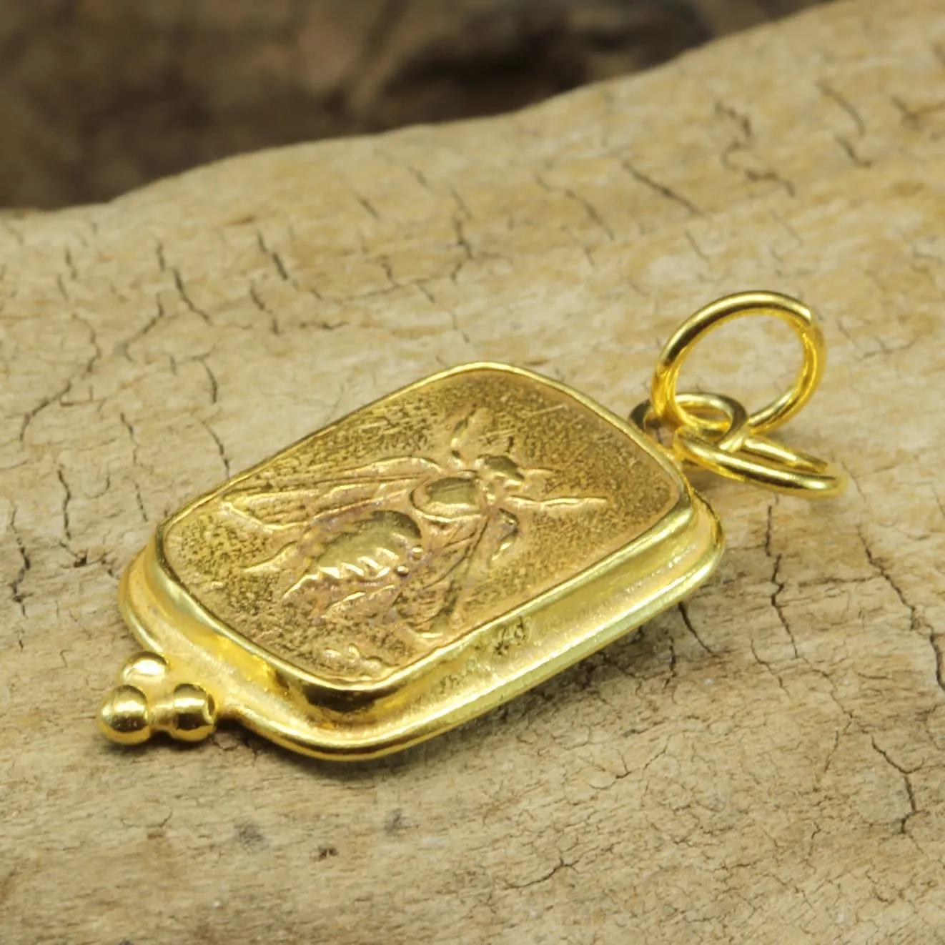 Caprixus 925 Sterling Silver Pendant Ancient Ephesus Honey Bee Coin 24K Yellow Gold Vermeil Handmade Granulated Designer Greek Art Artisan Turkish Fine Jewelry