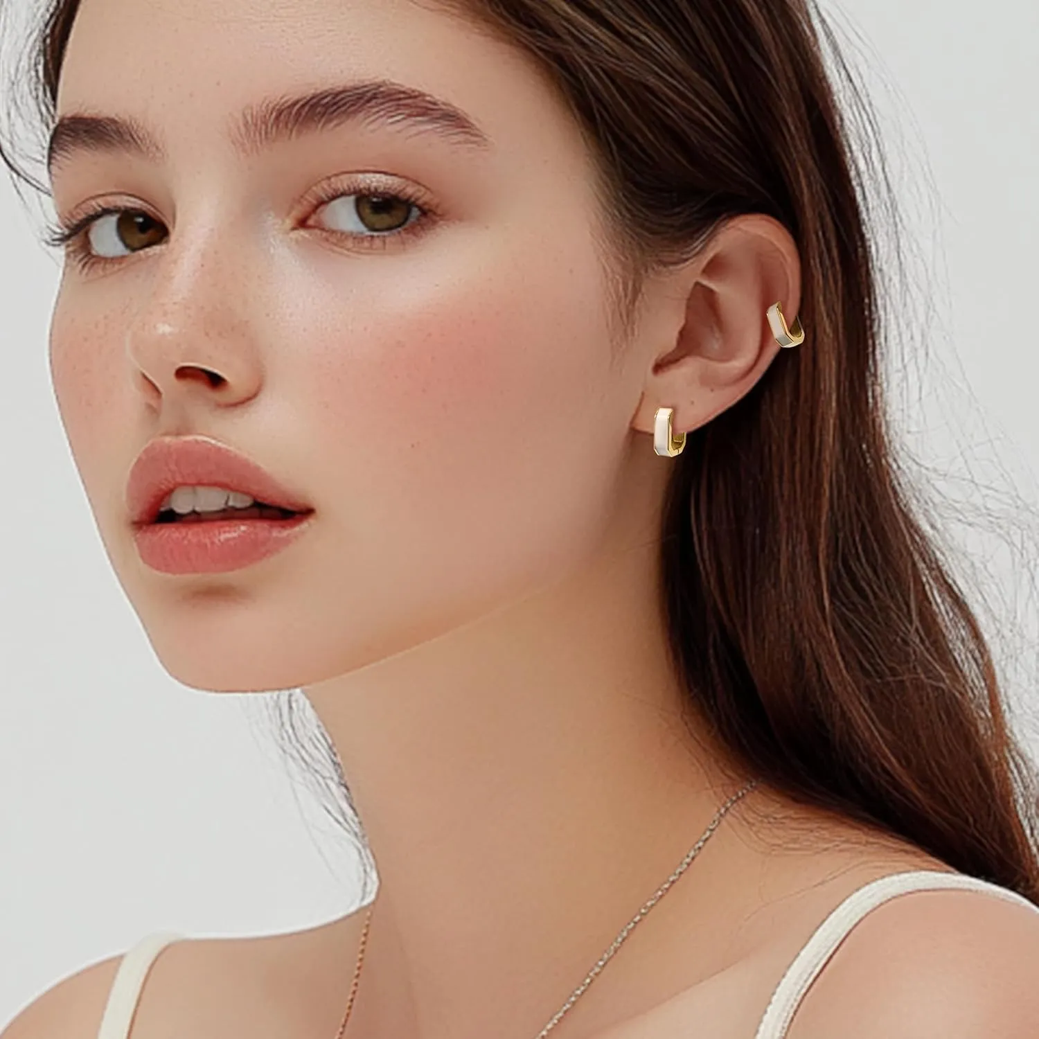 Chunky Gold Hoop Earrings for Women, Trendy Lightweight Simple Black White Square Enamel Huggie Earing Prom Everyday Holiday Jewelry Gift