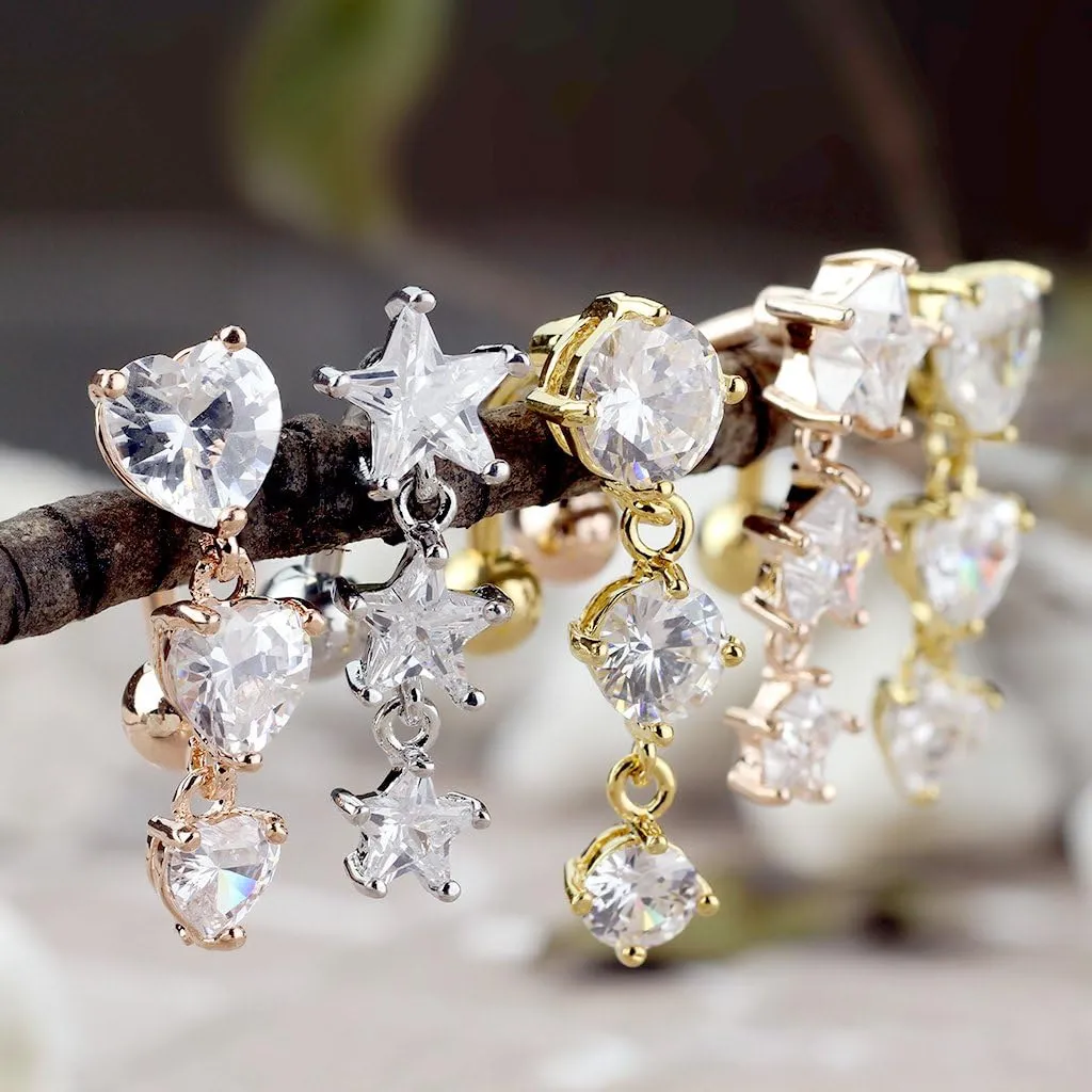 Covet Jewelry Three Prong Round CZ Vertical Drop 316L Surgical Steel Top Drop Belly Button Navel Rings