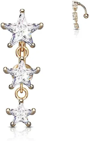 Covet Jewelry Three Prong Set Star CZ Vertical Drop 316L Surgical Steel Top Drop Belly Button Navel Rings