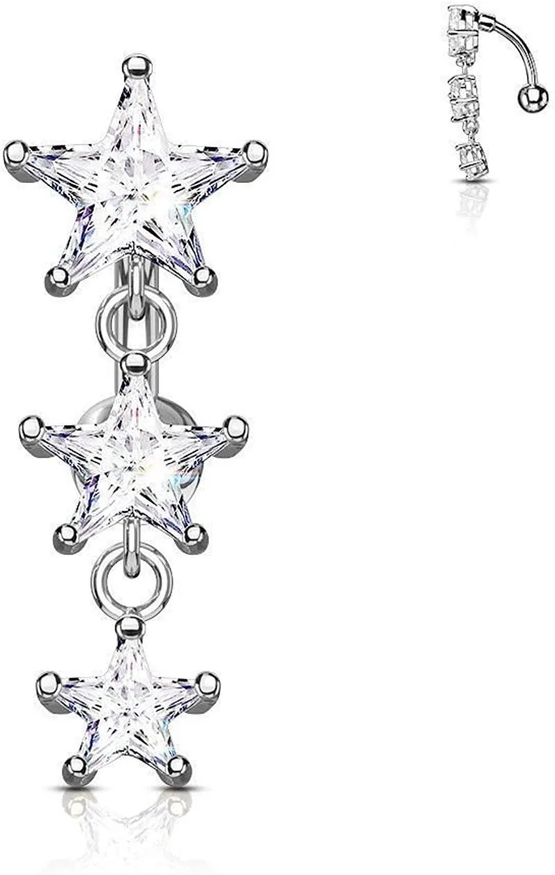 Covet Jewelry Three Prong Set Star CZ Vertical Drop 316L Surgical Steel Top Drop Belly Button Navel Rings