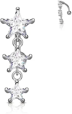Covet Jewelry Three Prong Set Star CZ Vertical Drop 316L Surgical Steel Top Drop Belly Button Navel Rings