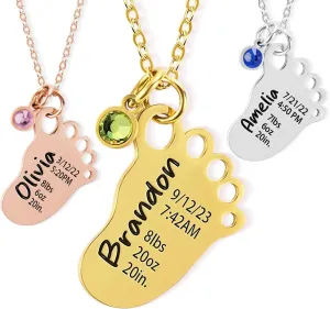 Custom Engraved Birth Stats Necklace Birth Announcement Necklace Personalized Name Weight Height Birth Date Birth Time Necklace for New Mom New Stats Footprint Necklace with Birthstone