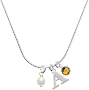 Delight Jewelry Plated 6mm Glass Imitation Pearl Bead Drop - Silvertone Capital Initial Charm Necklace with Crystal Drop, 18"