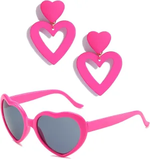 Double Heart Earrings Heart Sunglasses Set for Women Double Heart Dangle Earrings for Women Heart Shaped Sunglasses Hot Pink Heart Shaped Earrings Glasses Heart Drop Earrings Heart Glasses for Women