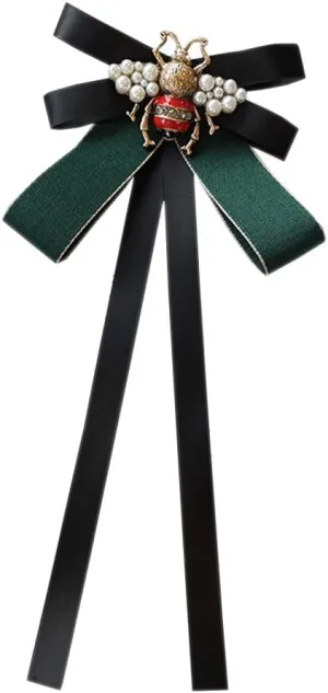 FASELE Retro Pearl Bee Bow Brooch Pre-Tied Neck Tie Brooch Pin Satin Ribbon Bow Tie for Women Wedding Party Bow Tie