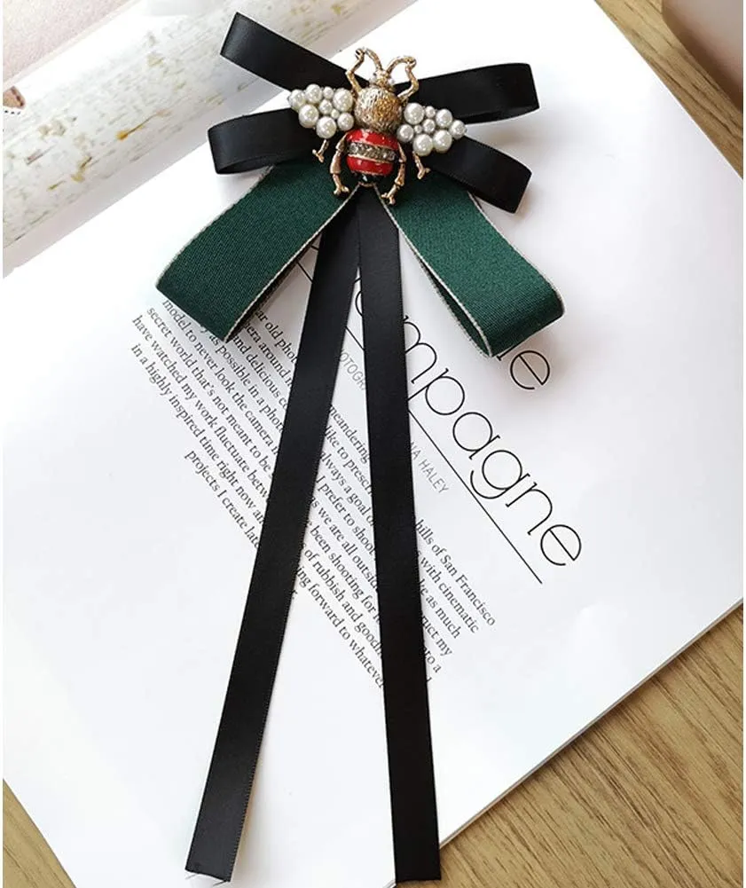 FASELE Retro Pearl Bee Bow Brooch Pre-Tied Neck Tie Brooch Pin Satin Ribbon Bow Tie for Women Wedding Party Bow Tie