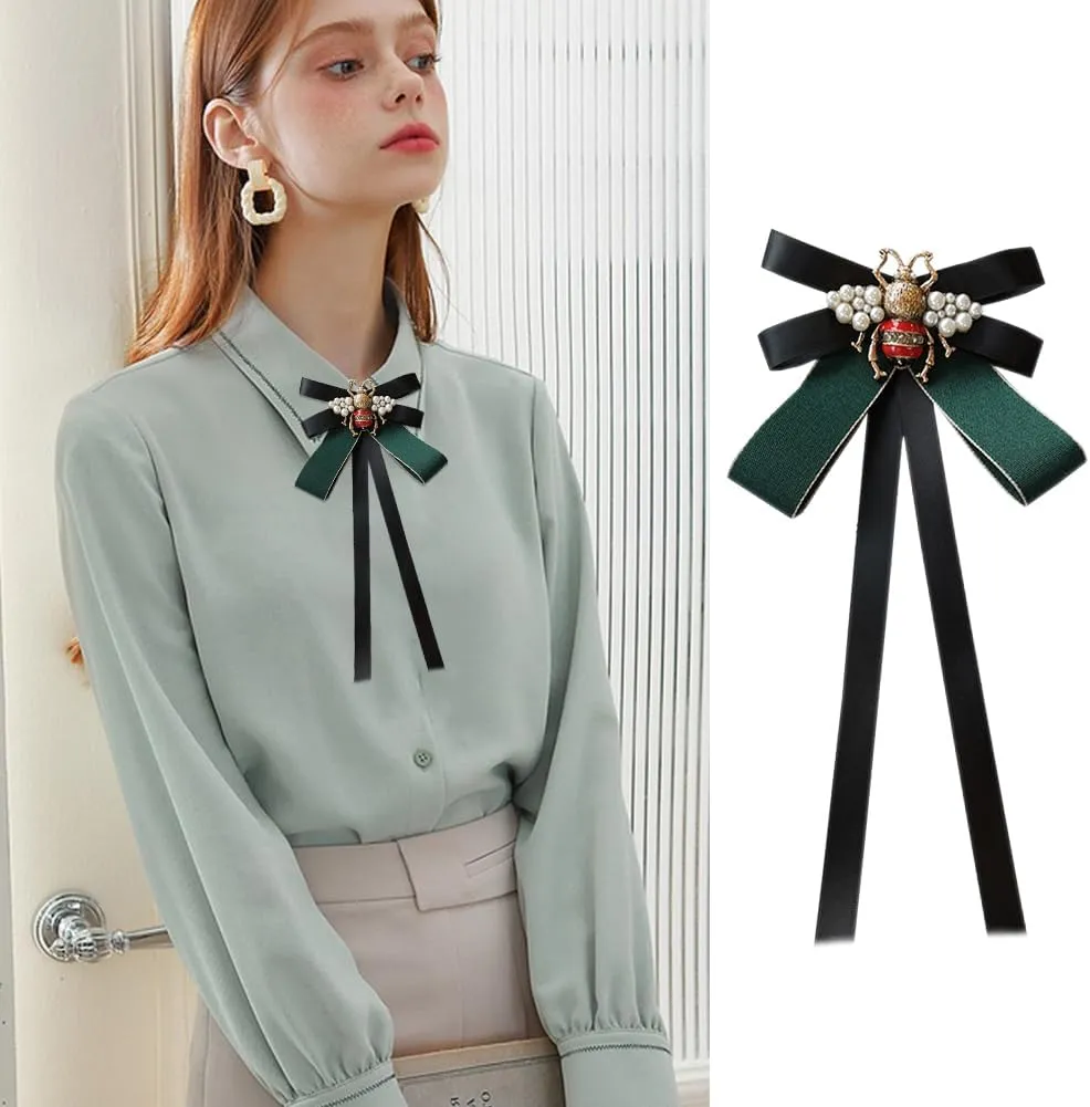 FASELE Retro Pearl Bee Bow Brooch Pre-Tied Neck Tie Brooch Pin Satin Ribbon Bow Tie for Women Wedding Party Bow Tie