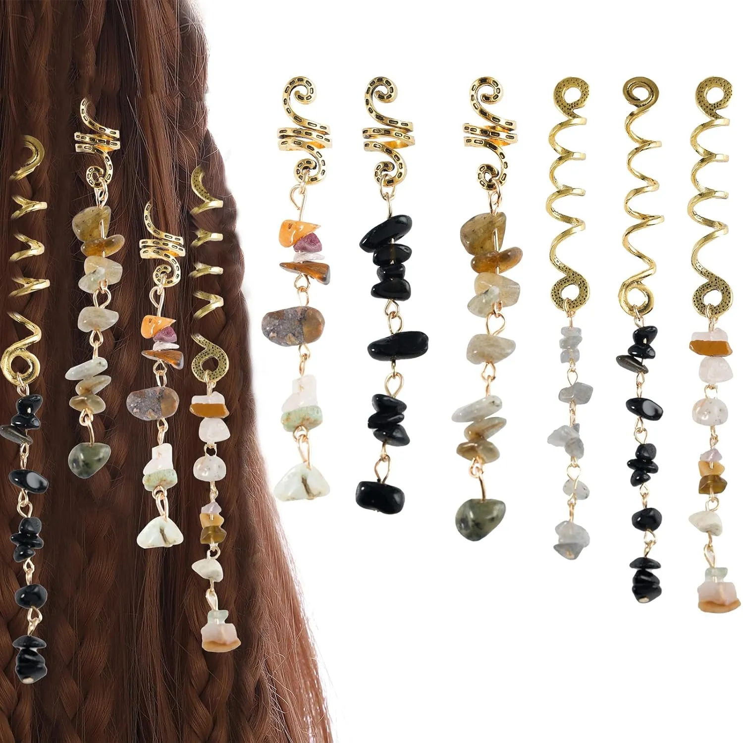 FRDTLUTHW Hair Jewelry Dreadlock Accessories, Natura Stone Hair Charms for Braids, Hair Ring Crystal Hair Accessories for Women(Black, pack of 6)
