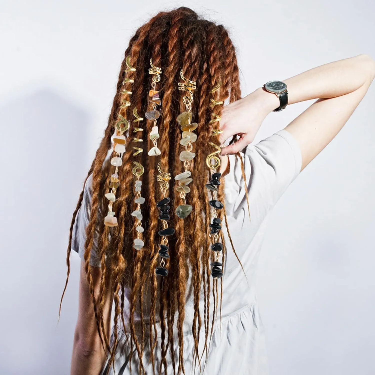 FRDTLUTHW Hair Jewelry Dreadlock Accessories, Natura Stone Hair Charms for Braids, Hair Ring Crystal Hair Accessories for Women(Black, pack of 6)