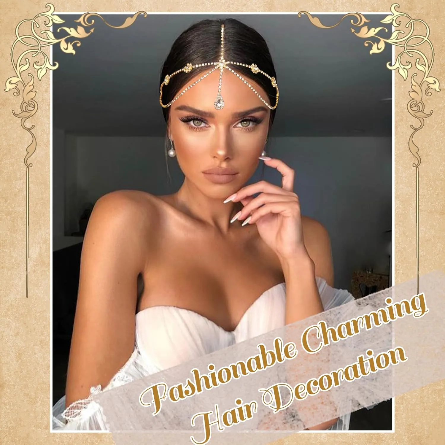 Gold Head Chain Rhinestone Headpiece Double Layered Head Crystal Jewelry Forehead Pendant Hair Chains Festival Prom Hair Accessories for Women and Girls