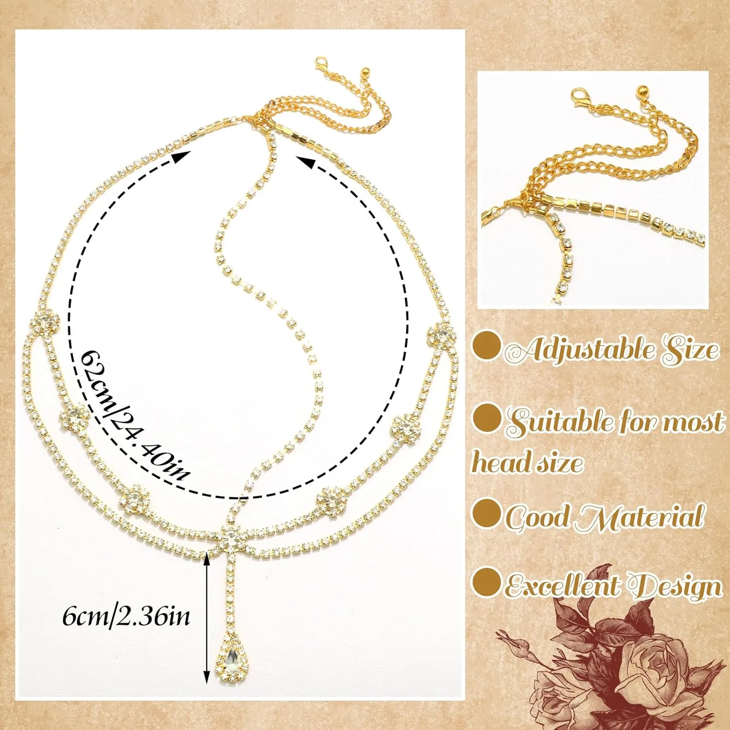 Gold Head Chain Rhinestone Headpiece Double Layered Head Crystal Jewelry Forehead Pendant Hair Chains Festival Prom Hair Accessories for Women and Girls