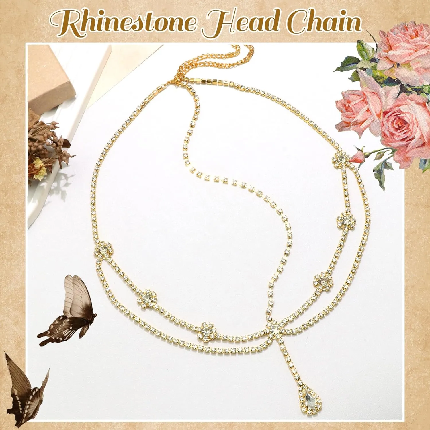 Gold Head Chain Rhinestone Headpiece Double Layered Head Crystal Jewelry Forehead Pendant Hair Chains Festival Prom Hair Accessories for Women and Girls