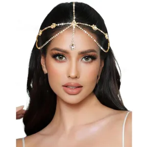 Gold Head Chain Rhinestone Headpiece Double Layered Head Crystal Jewelry Forehead Pendant Hair Chains Festival Prom Hair Accessories for Women and Girls