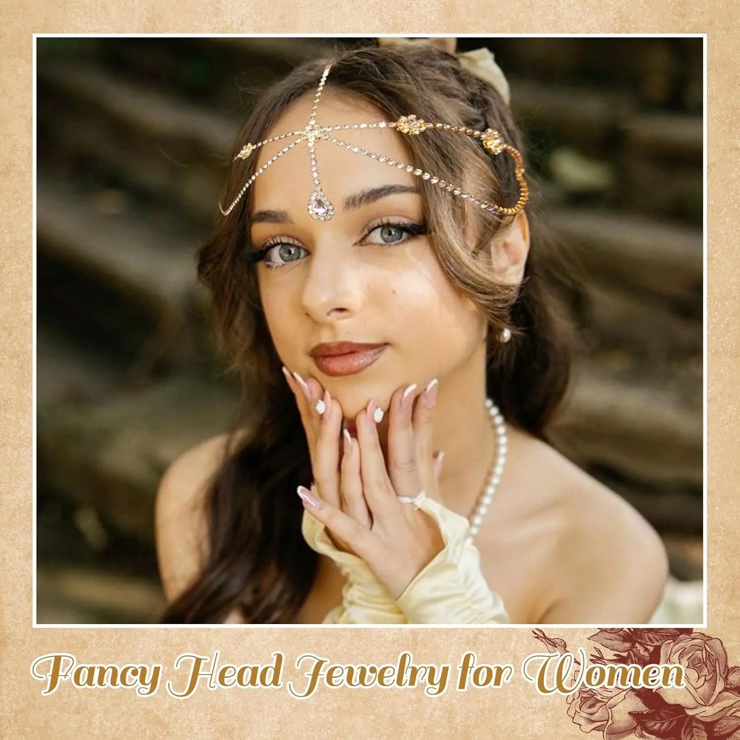 Gold Head Chain Rhinestone Headpiece Double Layered Head Crystal Jewelry Forehead Pendant Hair Chains Festival Prom Hair Accessories for Women and Girls