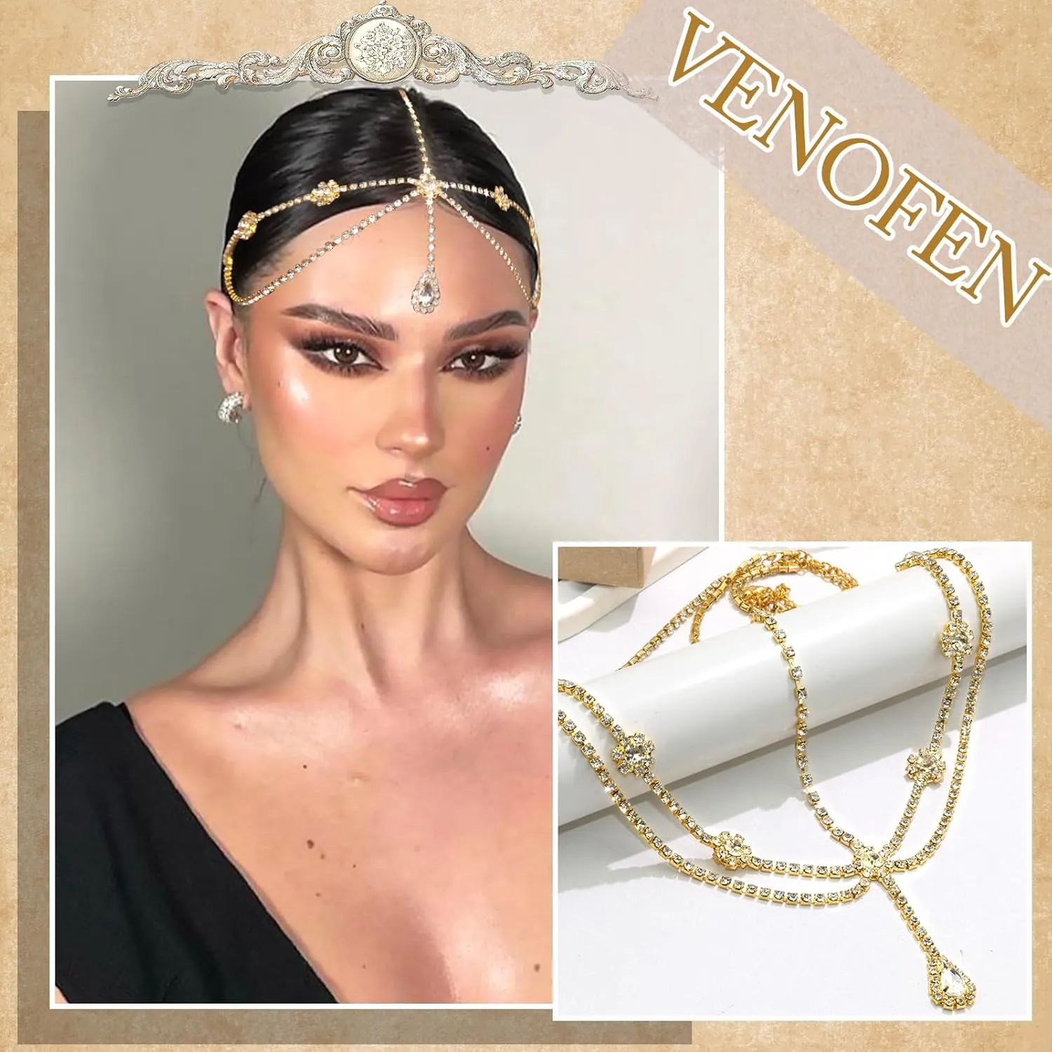 Gold Head Chain Rhinestone Headpiece Double Layered Head Crystal Jewelry Forehead Pendant Hair Chains Festival Prom Hair Accessories for Women and Girls