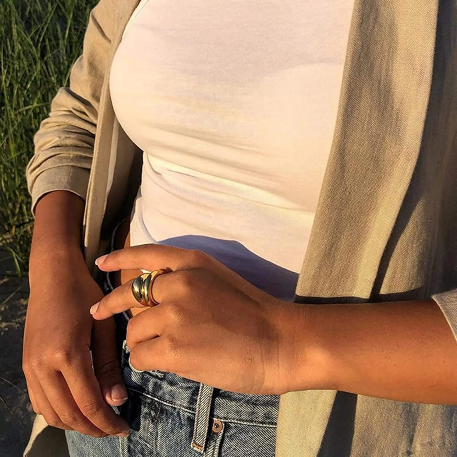 Gold Plated Chunky Bands for Women,Stackable Gold Sliver Dome Statement Thumb Ring Minimalist Jewelry Gifts for Mother's Day