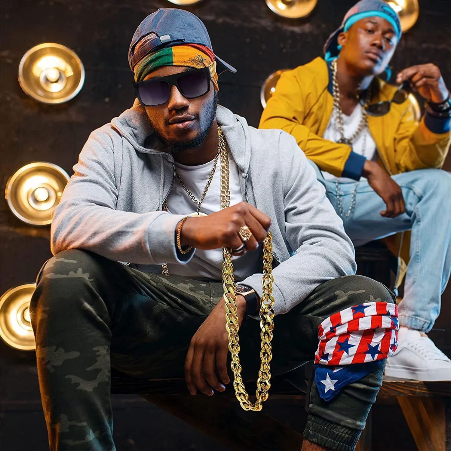 Hip Hop Costume Kit Gold Rapper Hat Sunglasses Gold Dollar Sign Pendant Necklaces 80s/90s Rapper Accessories