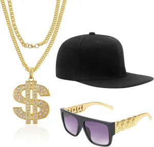 Hip Hop Costume Kit Gold Rapper Hat Sunglasses Gold Dollar Sign Pendant Necklaces 80s/90s Rapper Accessories