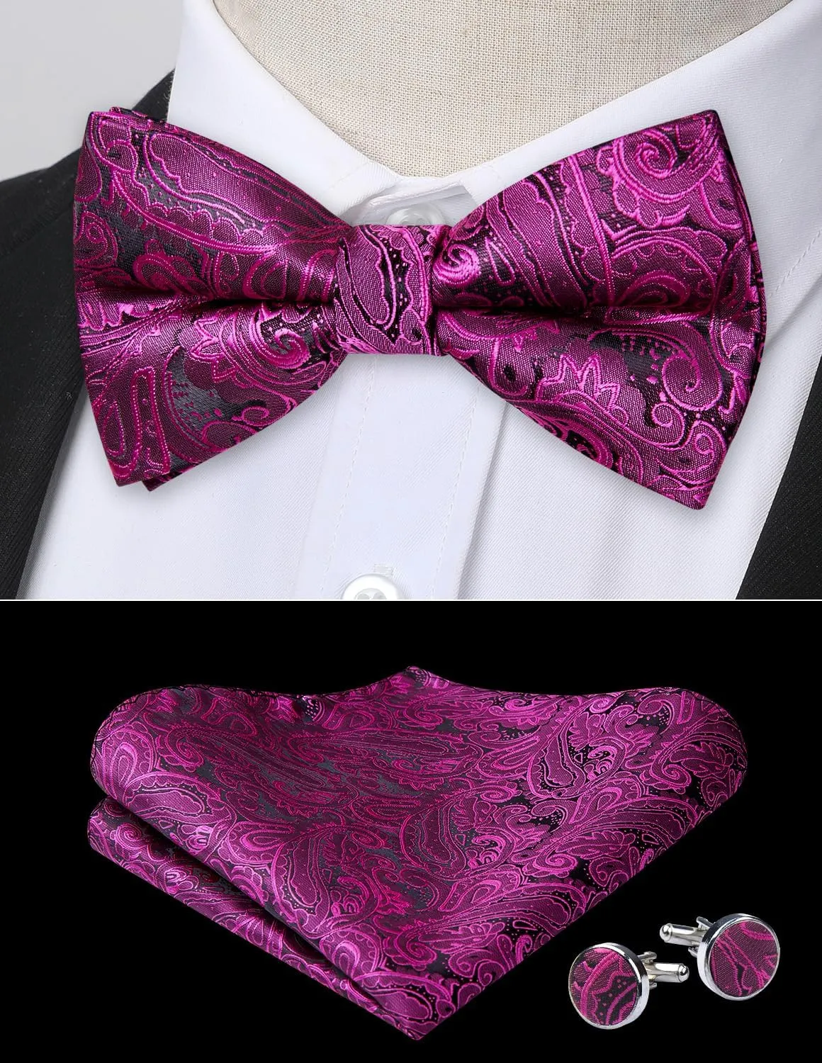 HISDERN Bow Ties for Men Pre-Tied Bow Tie Floral Paisley Handkerchief Classic Formal Bowtie and Pocket Square Cufflinks Set