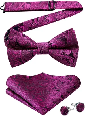 HISDERN Bow Ties for Men Pre-Tied Bow Tie Floral Paisley Handkerchief Classic Formal Bowtie and Pocket Square Cufflinks Set