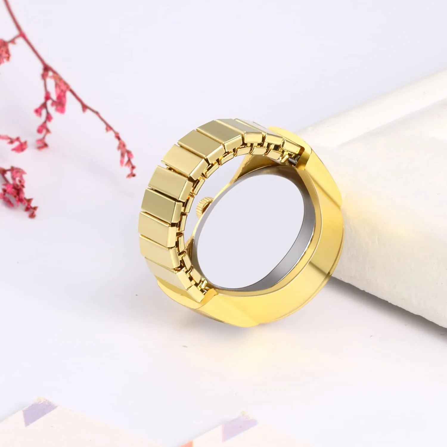 JewelryWe Men Women Finger Watch Gold-Silver Plated Elastic Watch Rings Glitter Round Dial Quartz Ring Watches,