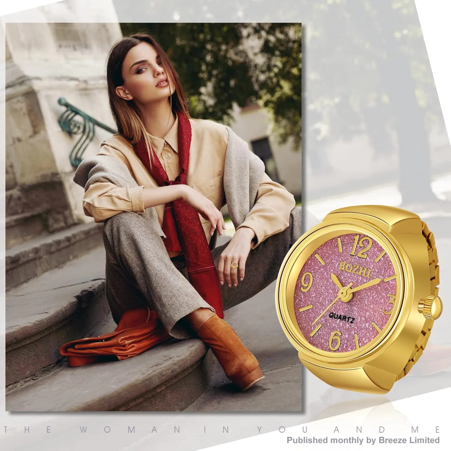 JewelryWe Men Women Finger Watch Gold-Silver Plated Elastic Watch Rings Glitter Round Dial Quartz Ring Watches,