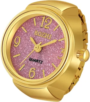 JewelryWe Men Women Finger Watch Gold-Silver Plated Elastic Watch Rings Glitter Round Dial Quartz Ring Watches,