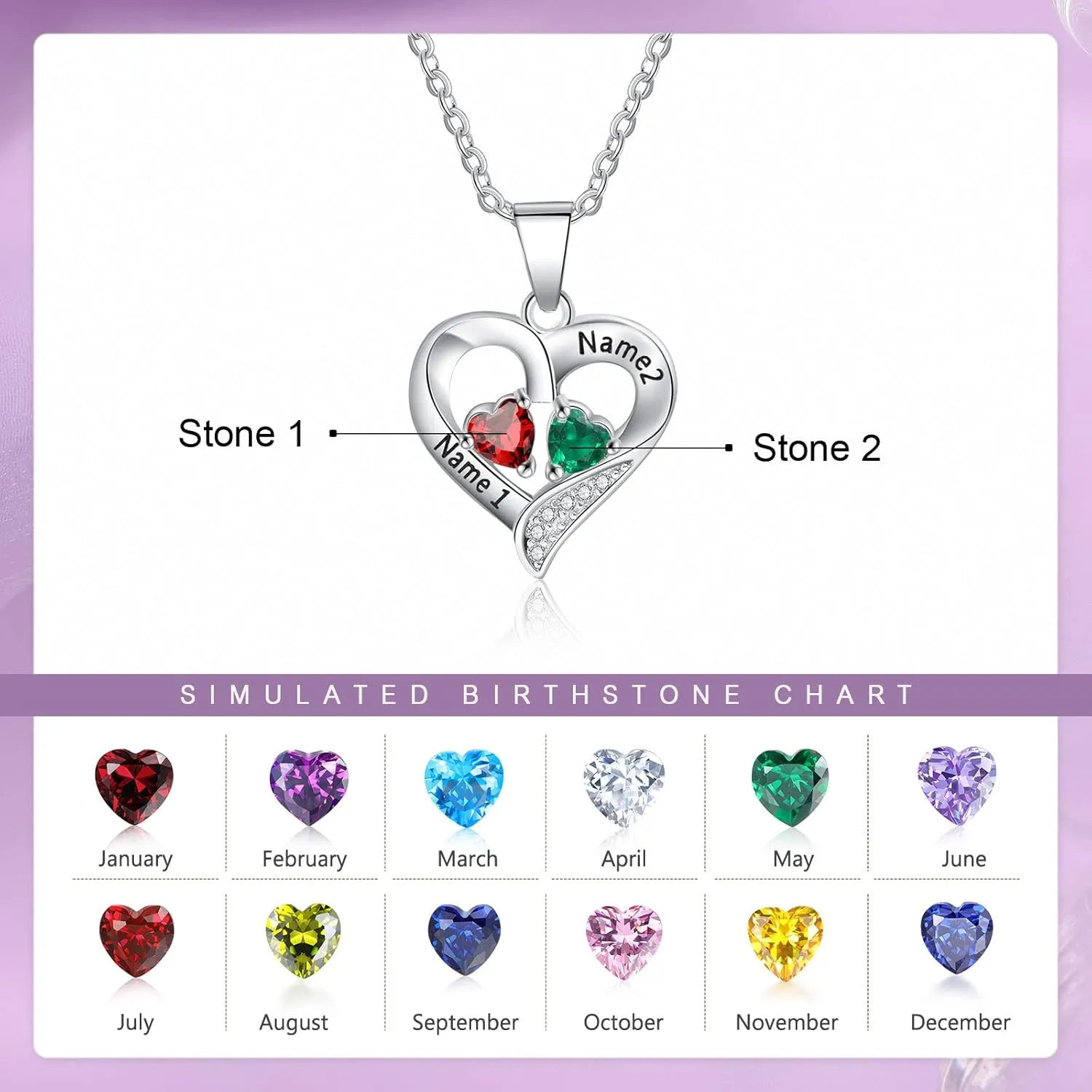 Jewelstruck Sterling Silver Personalized 2 Names Birthstone Necklace Heart Custom Necklace for Women Wife Grandma Mothers Day Necklace for Mom Valentine's Day Gifts for Her