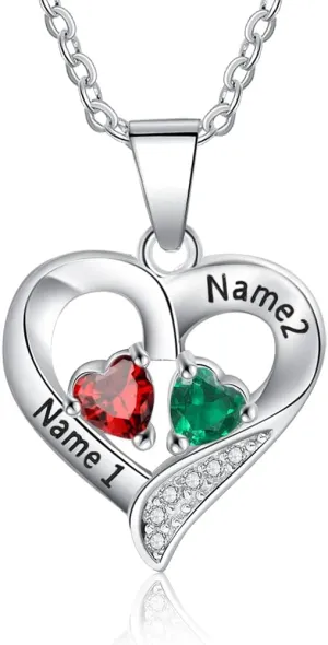 Jewelstruck Sterling Silver Personalized 2 Names Birthstone Necklace Heart Custom Necklace for Women Wife Grandma Mothers Day Necklace for Mom Valentine's Day Gifts for Her