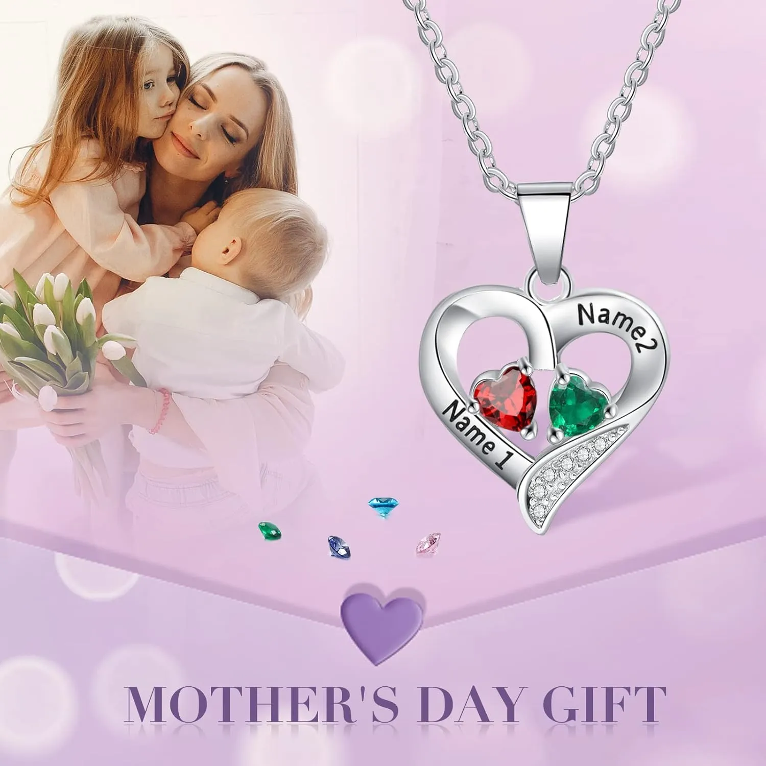 Jewelstruck Sterling Silver Personalized 2 Names Birthstone Necklace Heart Custom Necklace for Women Wife Grandma Mothers Day Necklace for Mom Valentine's Day Gifts for Her