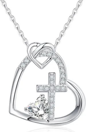 JSJOY Cross Necklace Christian Gifts for Women Heart Birthstone Necklace Religious Birthday Gifts for Mom Daughter Christmas Stocking Stuffers Baptism Confirmation Gifts for Teen Girls