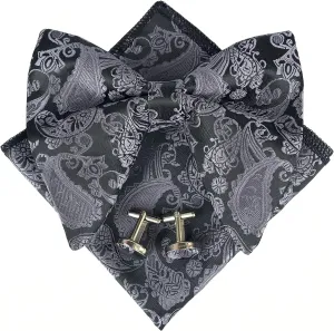 Justar Mens Pre-Tied Paisley Bowtie Oversized Tuxedo Bow Tie Hankie Cufflinks Set